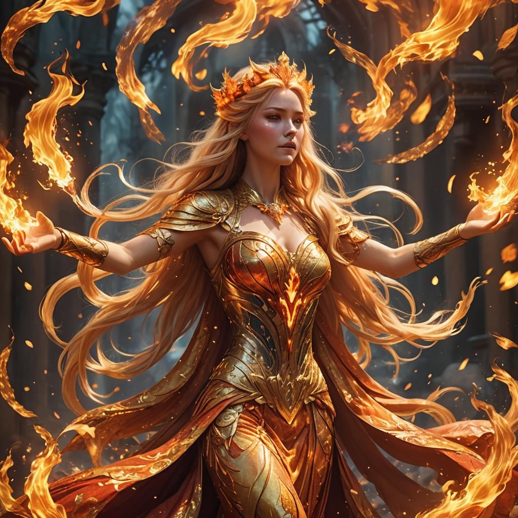 Fire Goddess in Flame Aura, Disney-Inspired Art