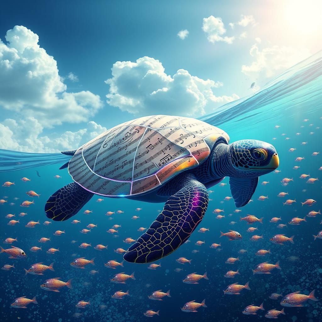 Majestic Sea Turtle Made of Swirling Music Notes