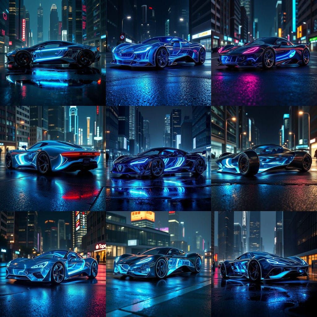 Transparent Glass Sports Car in Neon-lit Cityscape