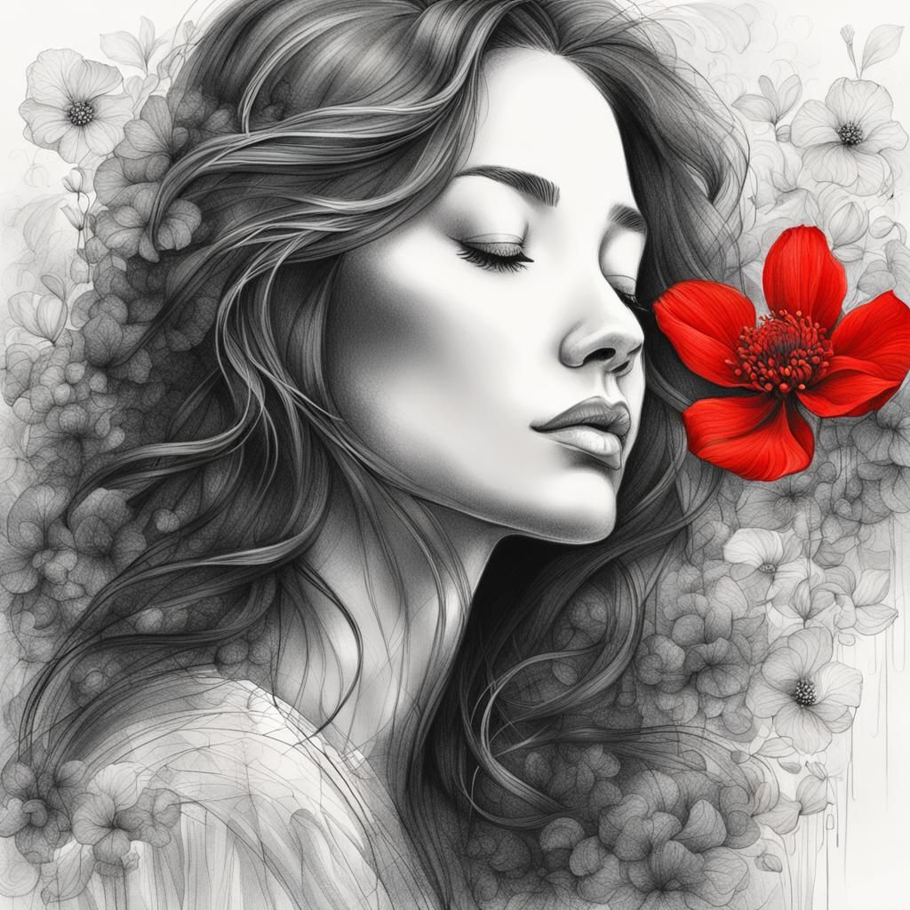 Monochrome Sketch of Woman Kissing Red Flower