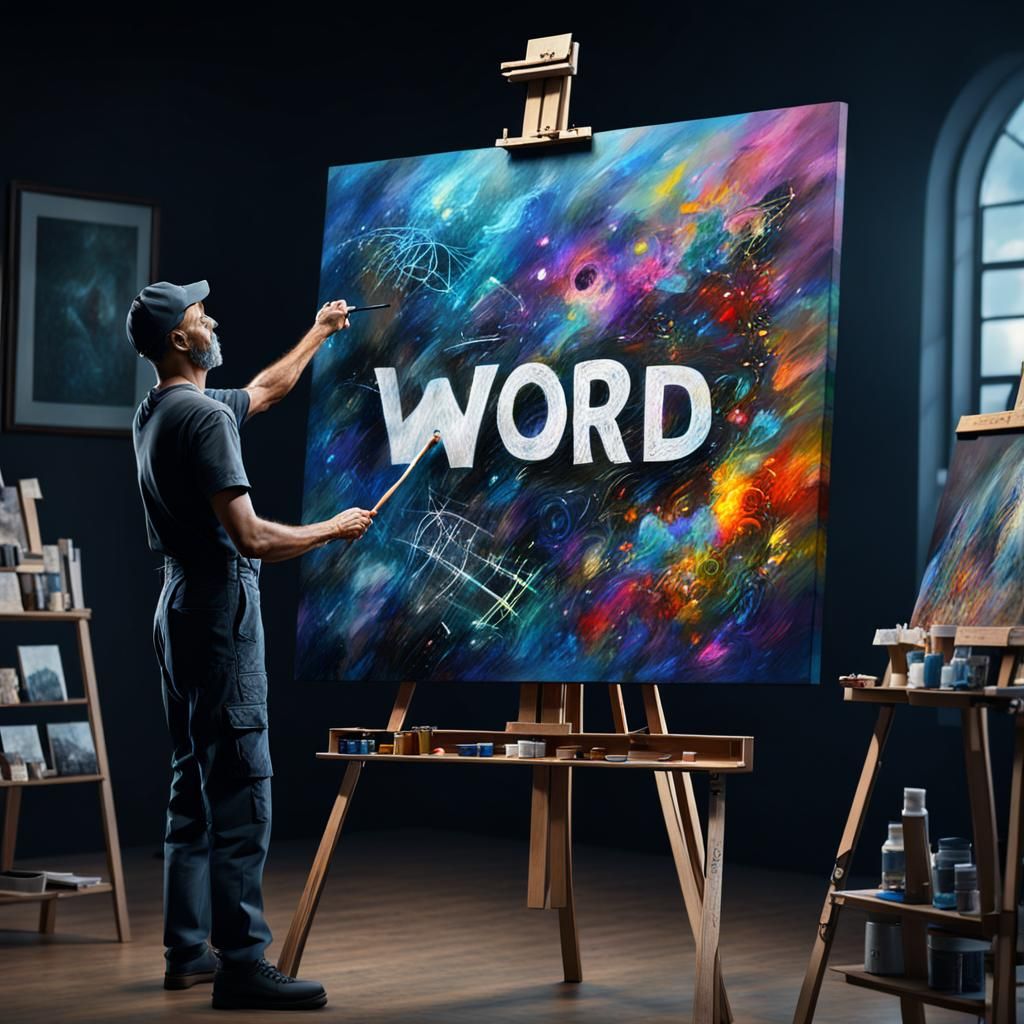 Artist Painting "WORD" on Canvas: Digital Matte Painting