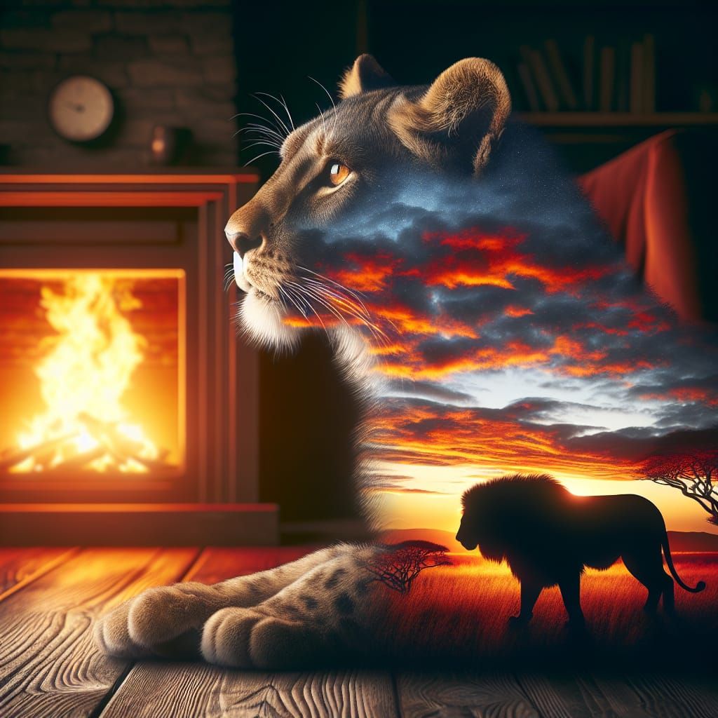 Double Exposure: Cat, Lion, and African Plains