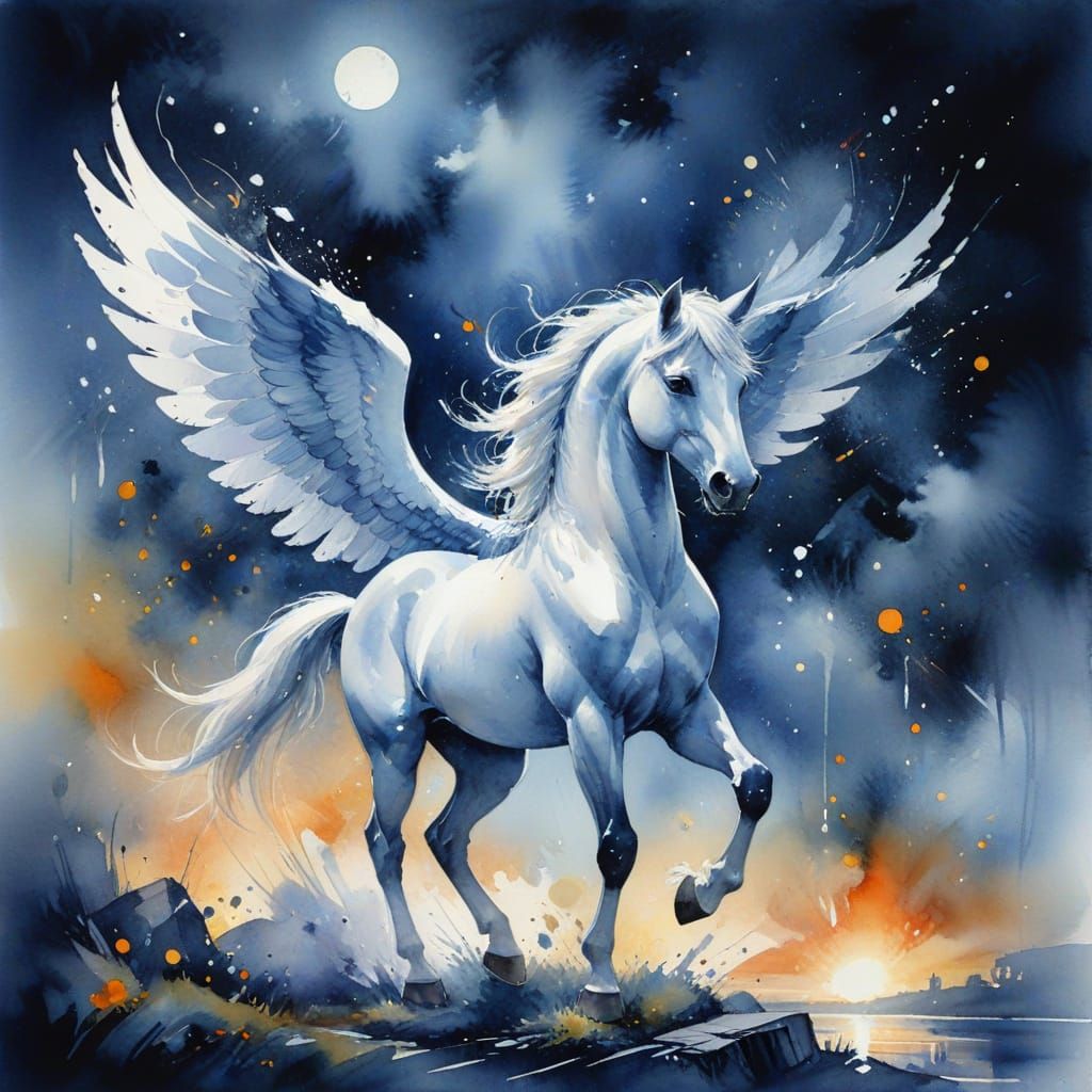 Pegasus in Moonlit Night Watercolor Painting