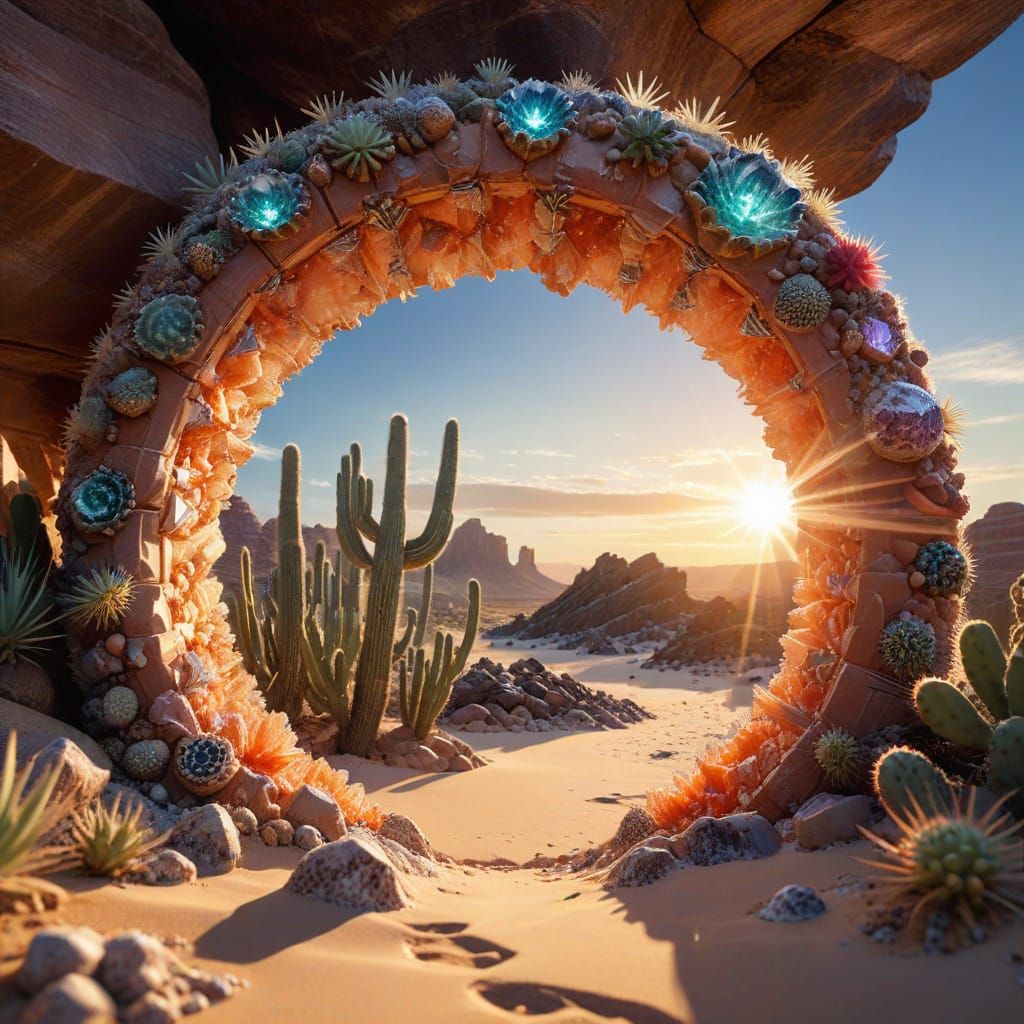 Crystal Geode Portal in Sahara Desert at Sunset