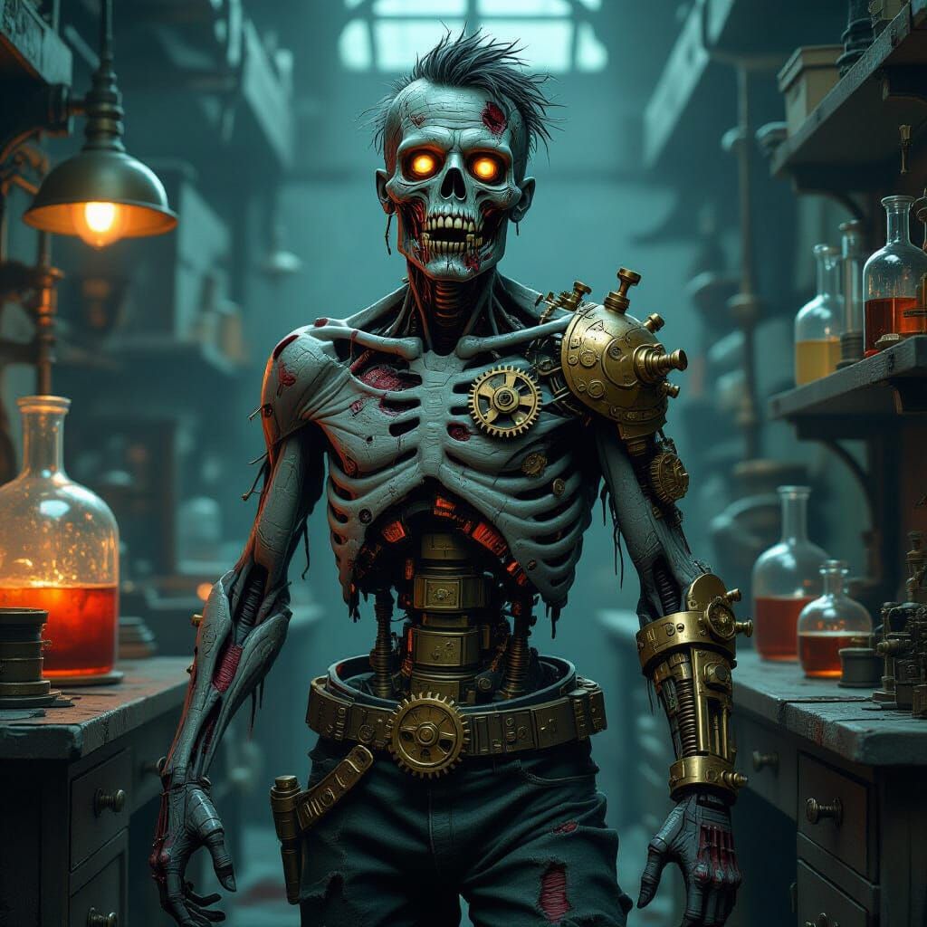 Steampunk Zombie with Clockwork and Gears in Victorian Lab