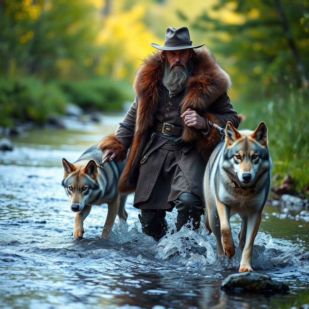 Hunter and Wolves at Spring Crossing