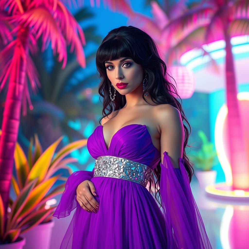 Elvira in Vibrant Purple Gown, Digital Art