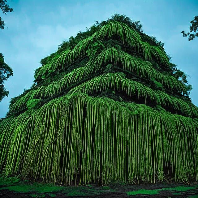 Fluorescent Vines Enshroud Aztec Temple in Moonlight