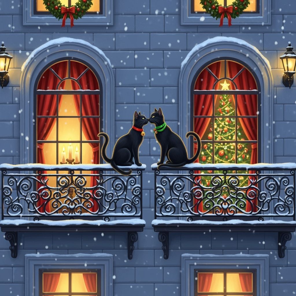 Enchanting Christmas Night Scene with Cats on Snowy Balconie...