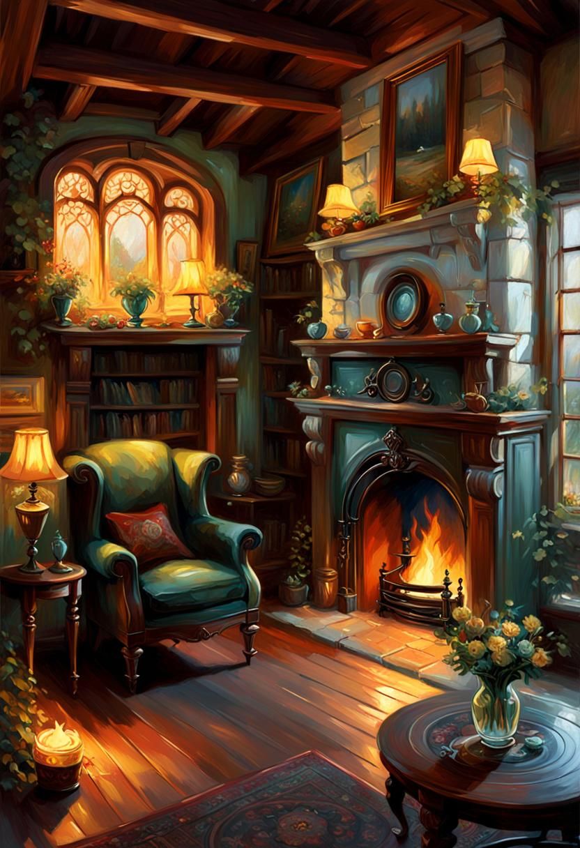 Cozy Cottage Interior in Oil Painting Style