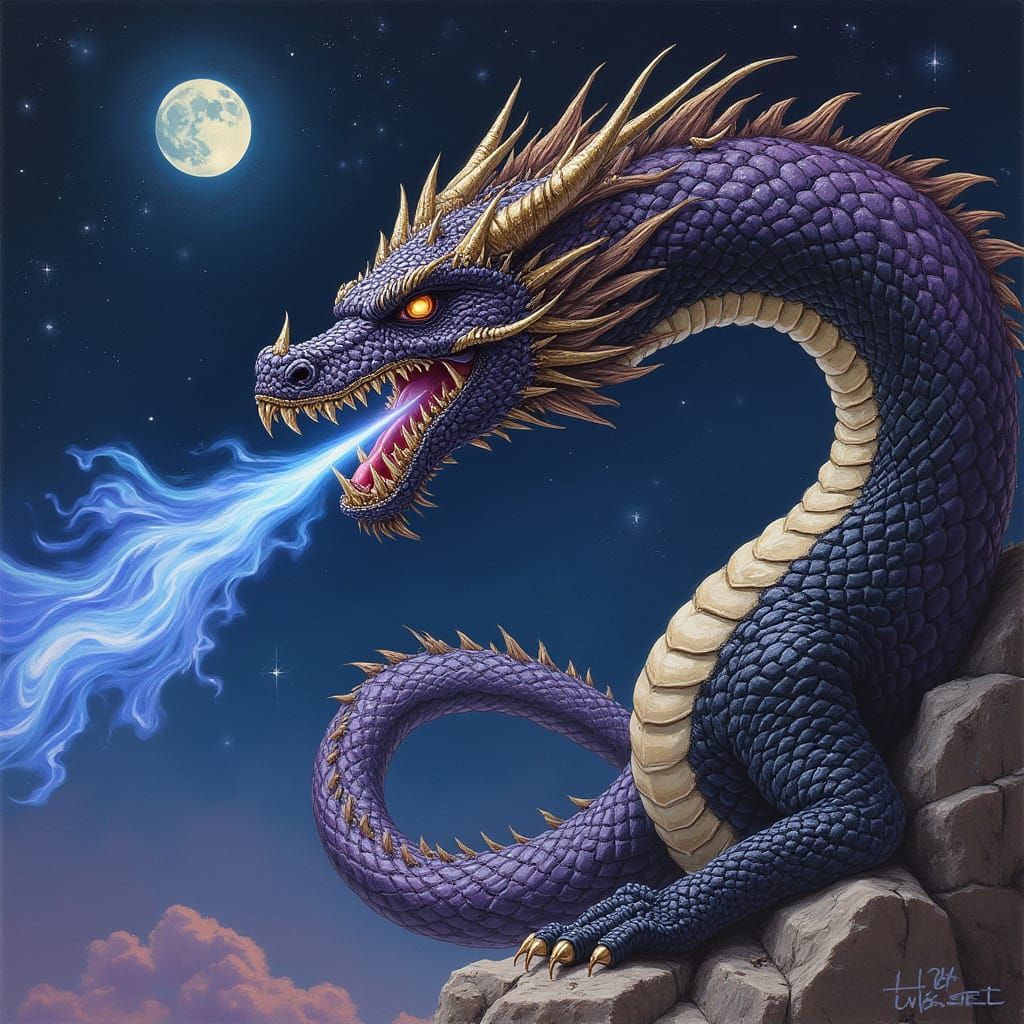 Majestic Dragon Breathing Blue Flames in Fantasy Art