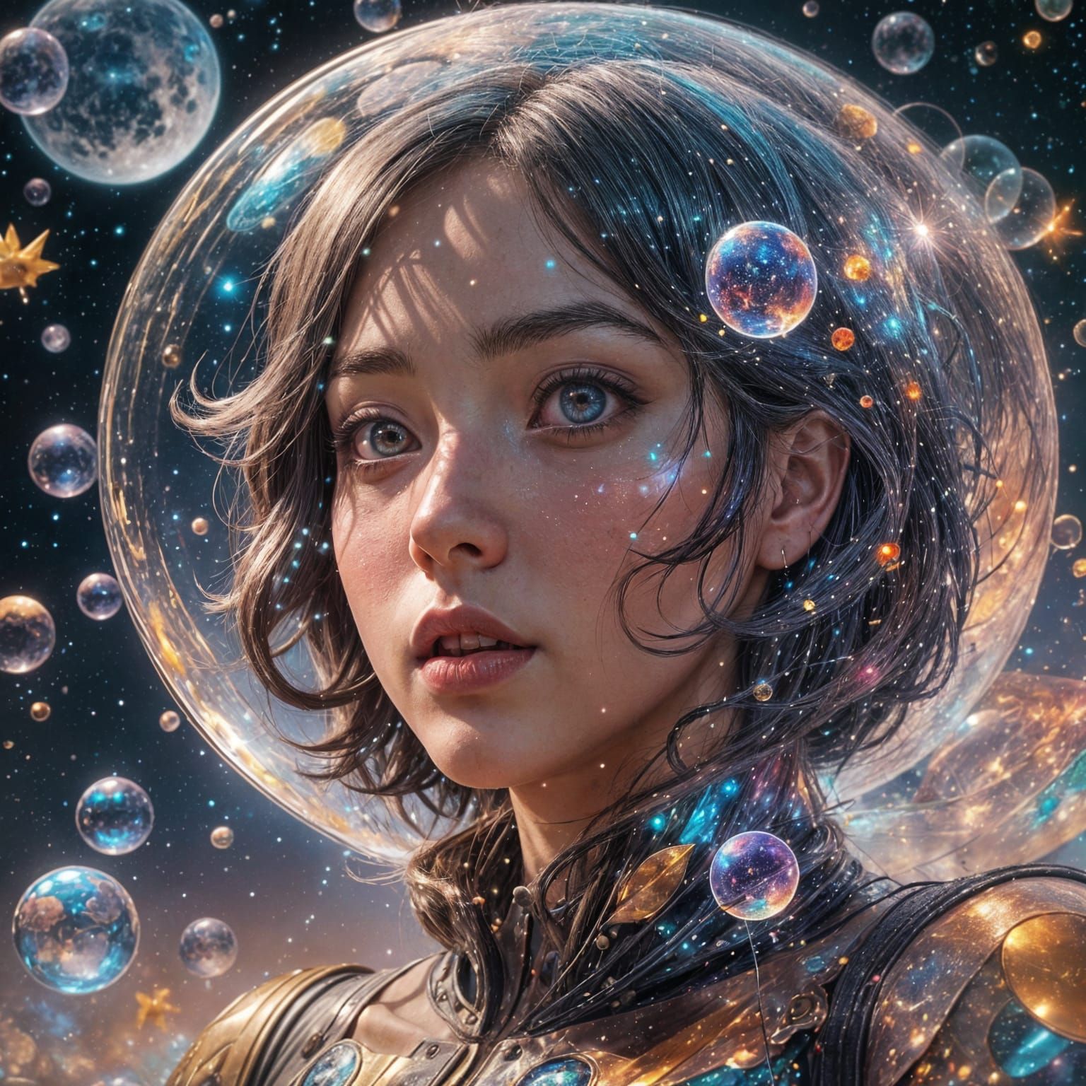 Anime Girl's Galactic Bubble Journey in 4K