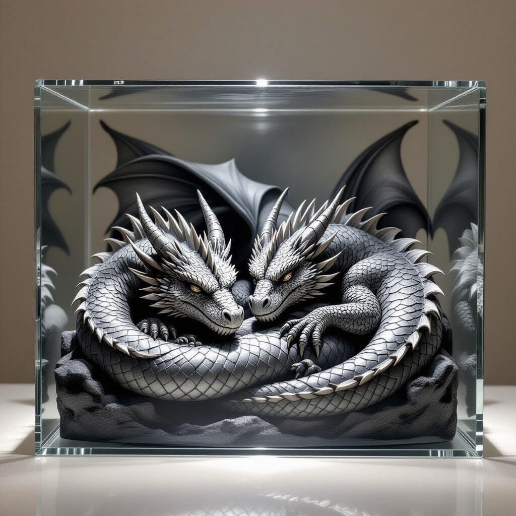Sleeping Dragons in Crystal Box Charcoal Drawing