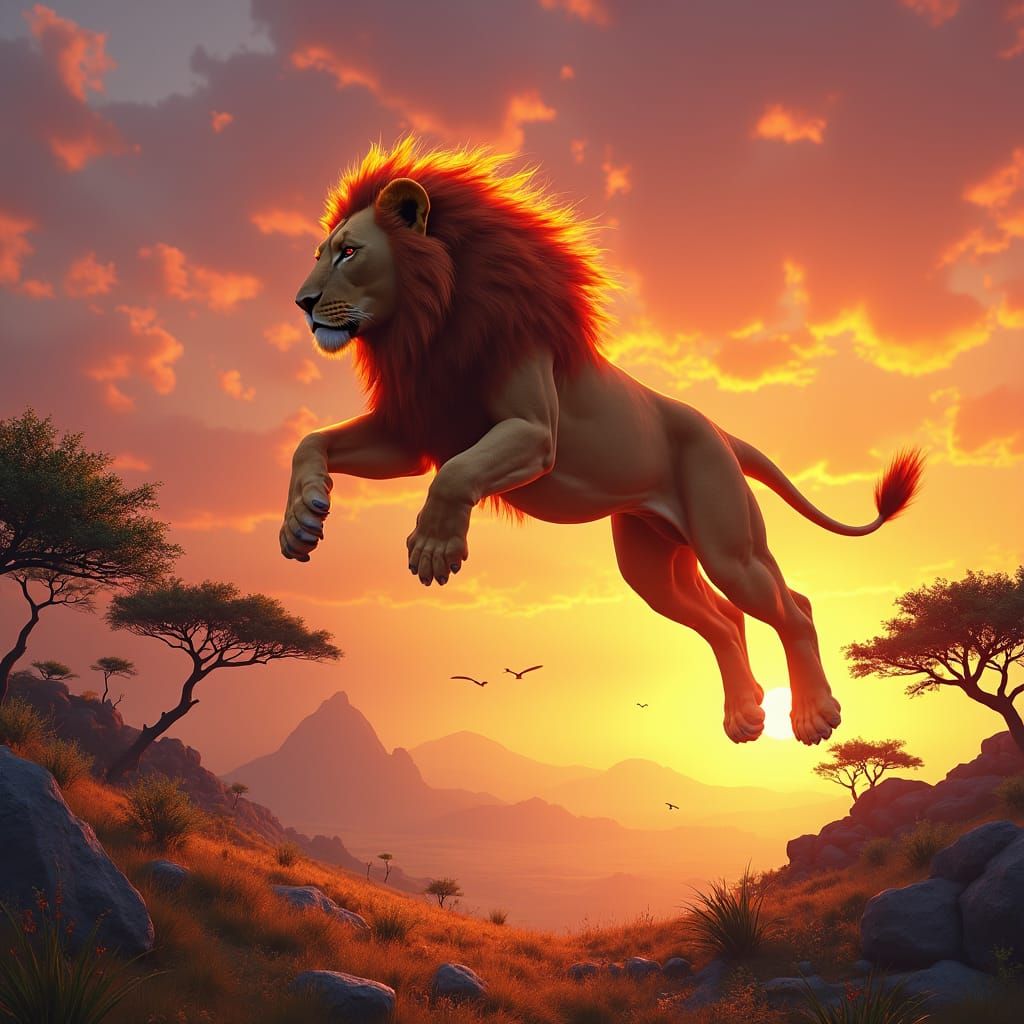 Lion's Mid-Air Leap in Dreamlike Savannah Landscape