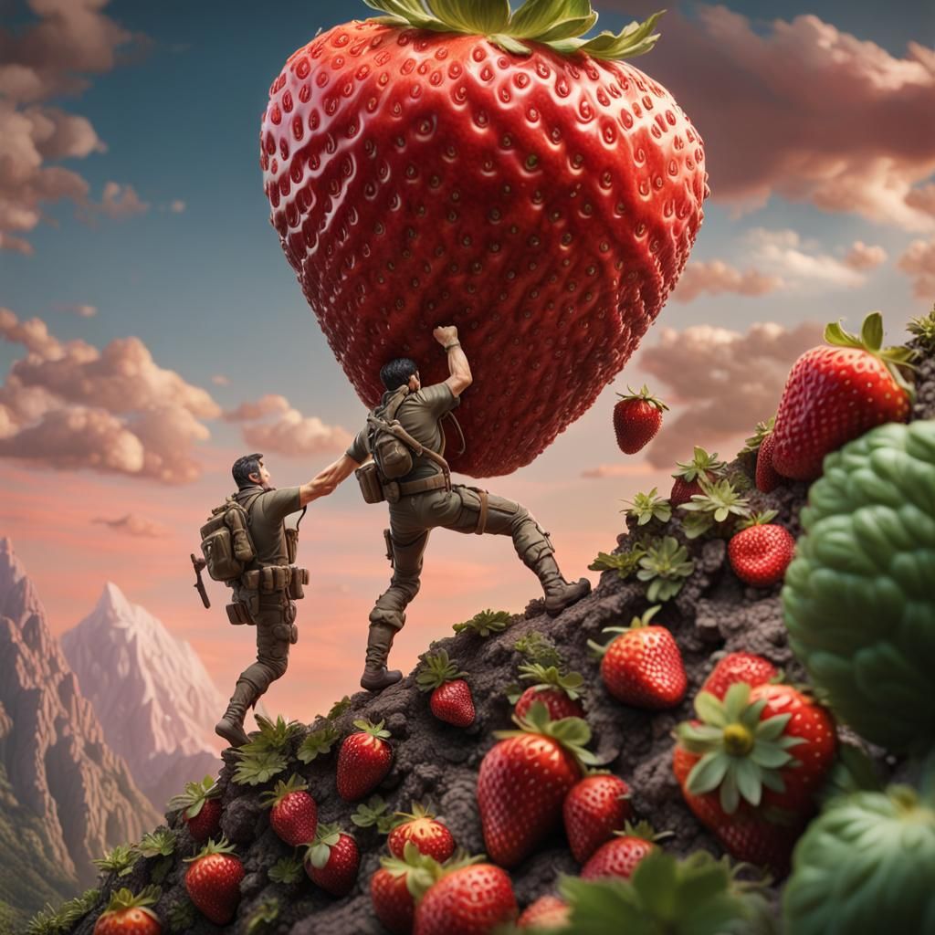 Action Figure Conquers Strawberry Mountain: Digital Art
