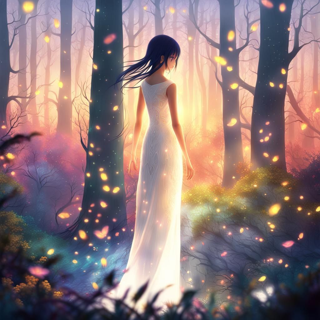 Anime Woman in Misty Forest, Digital Art