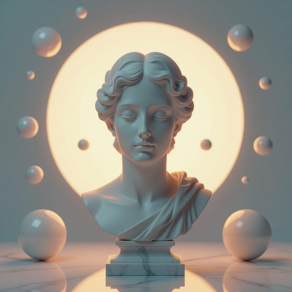 Minimalist Marble Bust with Luminous Orbs