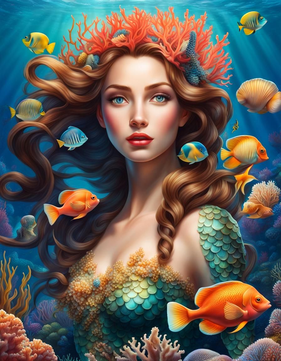 Disney Mermaid in Tropical Underwater Scene