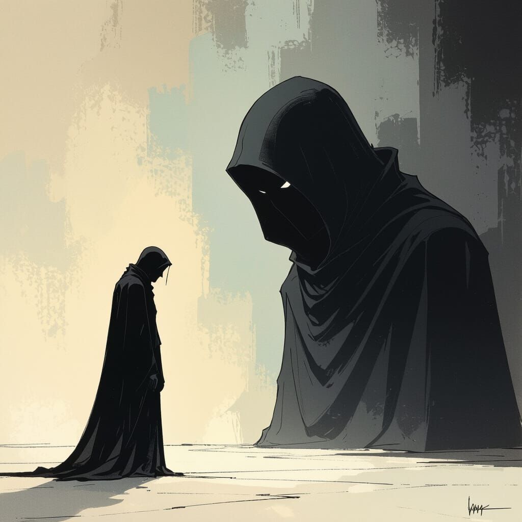 Mysterious Figure Dissolves Illusion in Moody Art Style