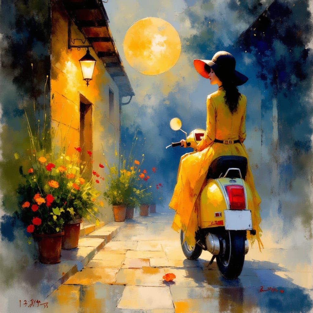 Serene Italian Night Ride in Watercolor Style