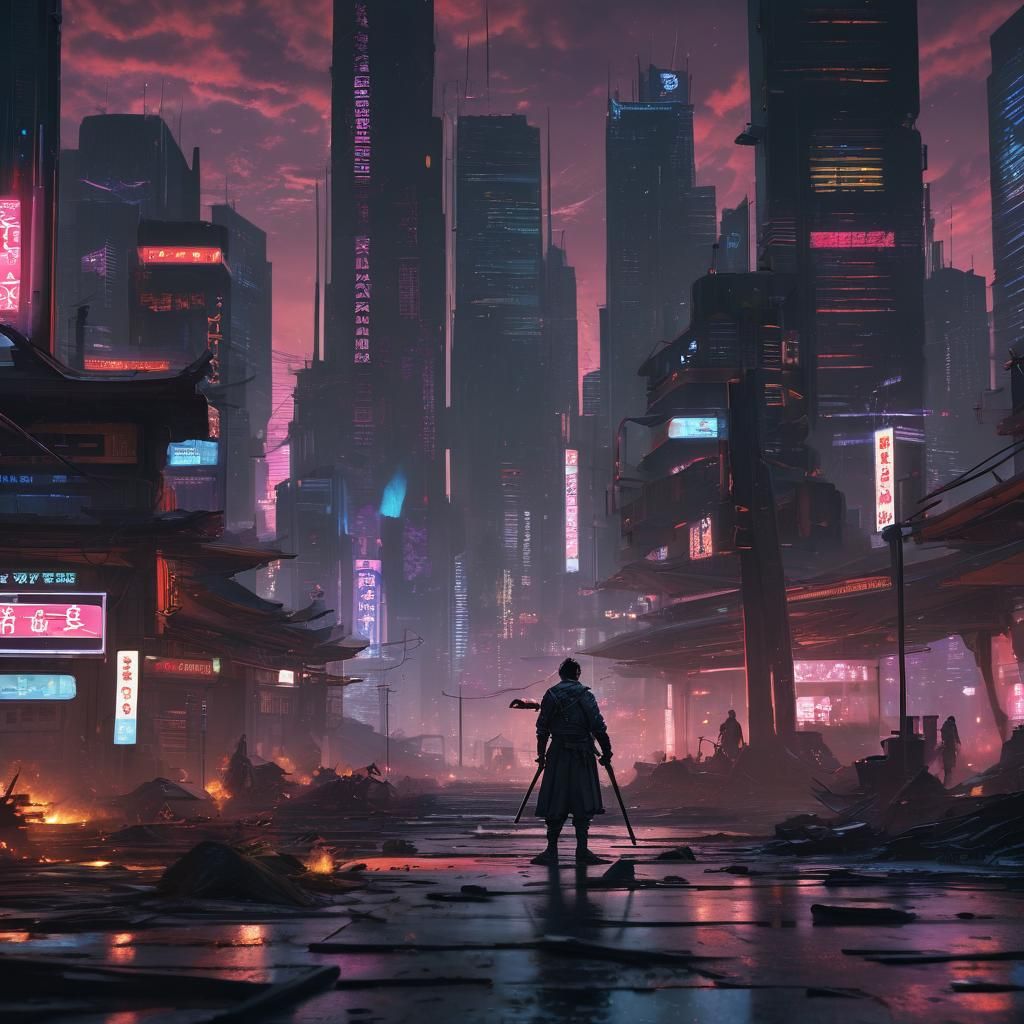 Cyberpunk Samurai Breaks Sword in Dystopian Landscape