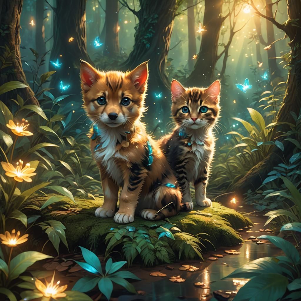 Puppy and Kitten in Mystical Forest, Fantasy Oil Painting