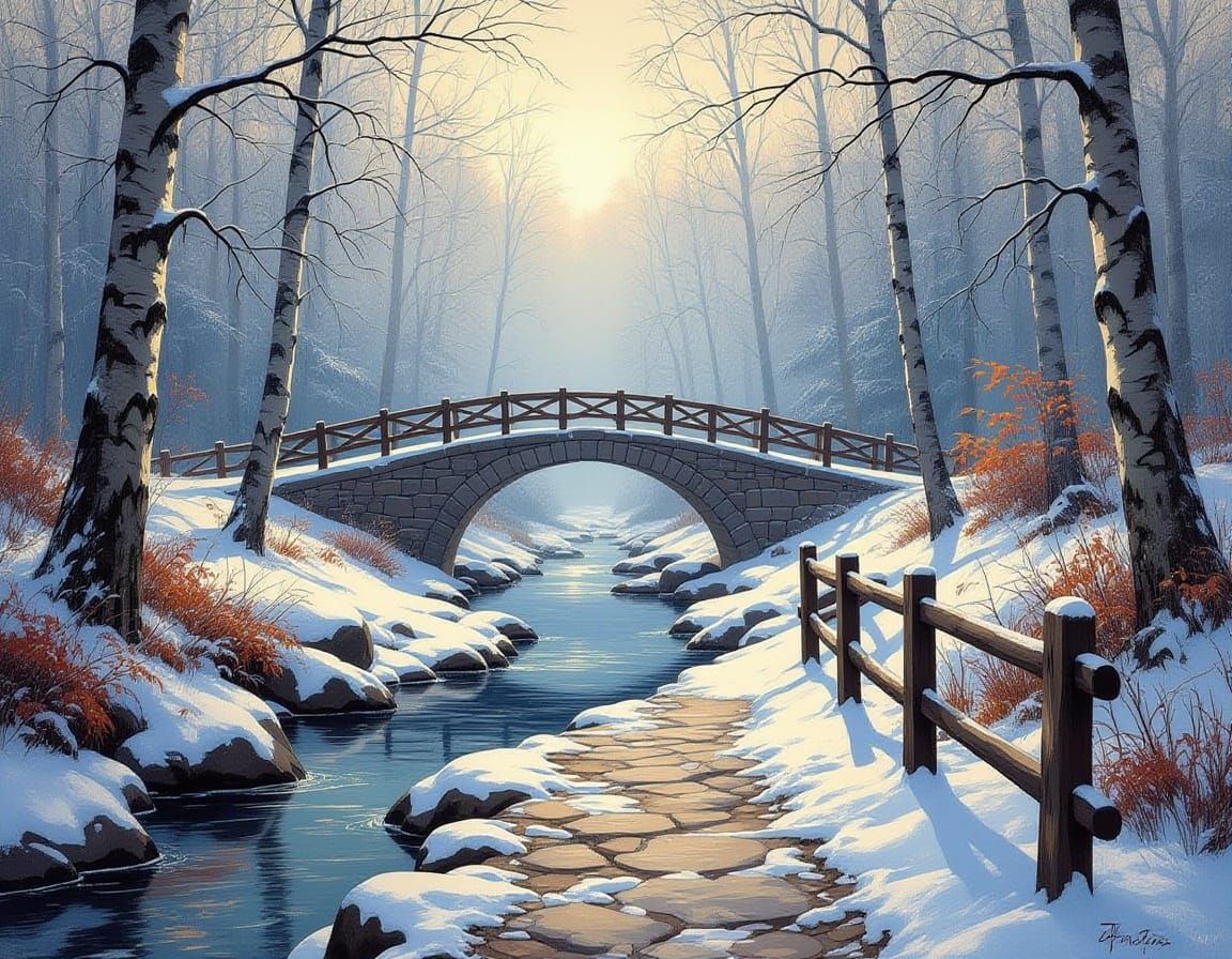 Tranquil Winter Pathway Through Misty Forest Landscape