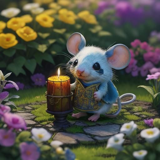 Smiling Mouse in Garden with Candles, Hyperrealistic Art