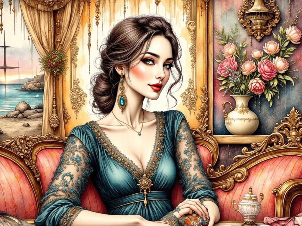 Elegant Woman in Ornate, Detailed Style