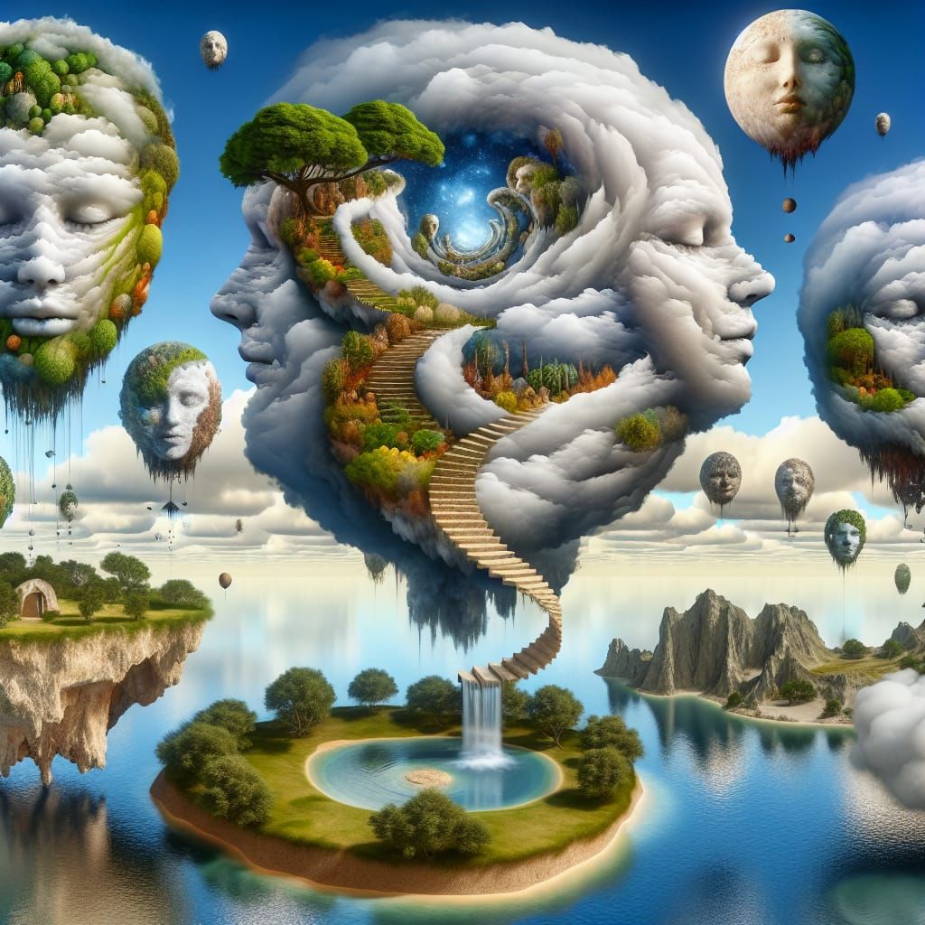 dreamscape of floating islands, faces, a winding staircase a...