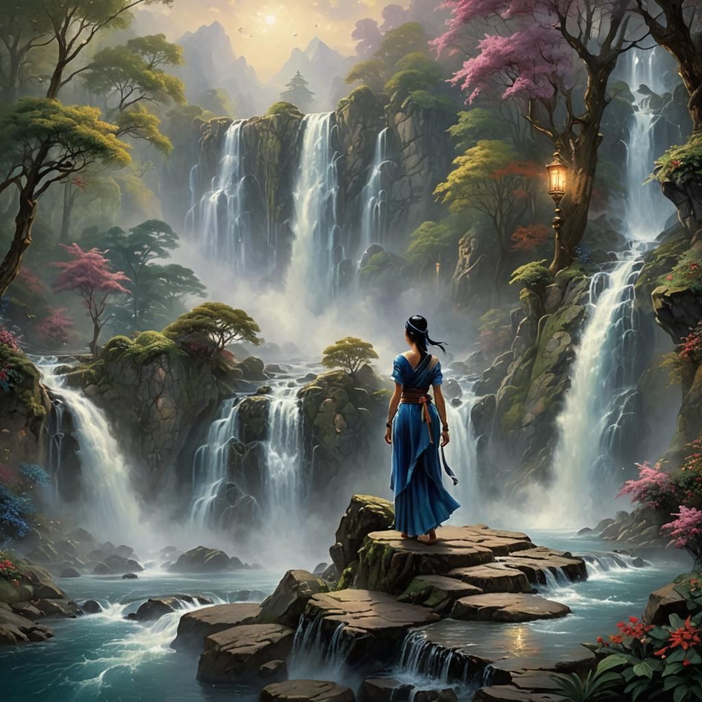 Kitana at a Waterfall in Ethereal Fantasy Style