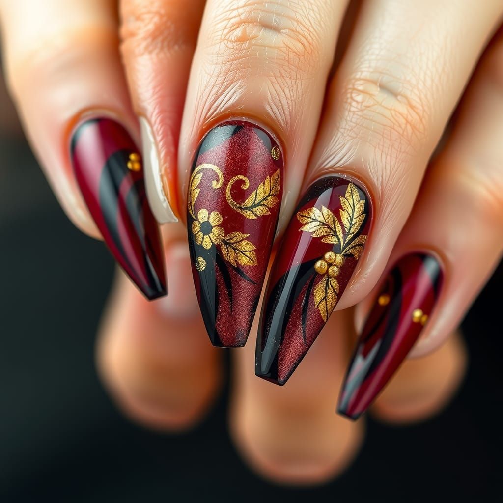 Wine-Inspired Nail Art with Gold Accents