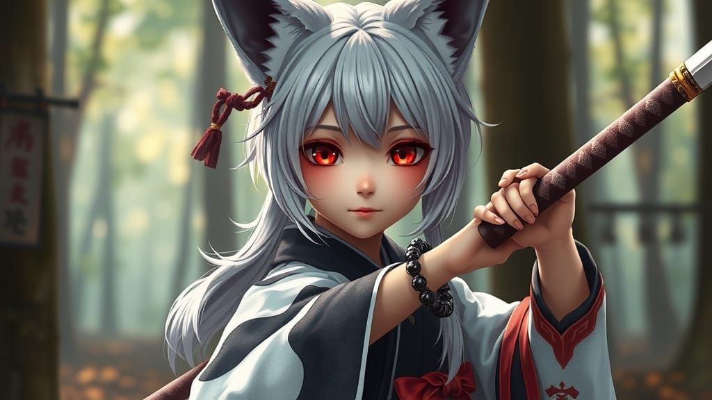 Maiden Fox in Traditional Japanese Kimono, Holding Ornate Sw...