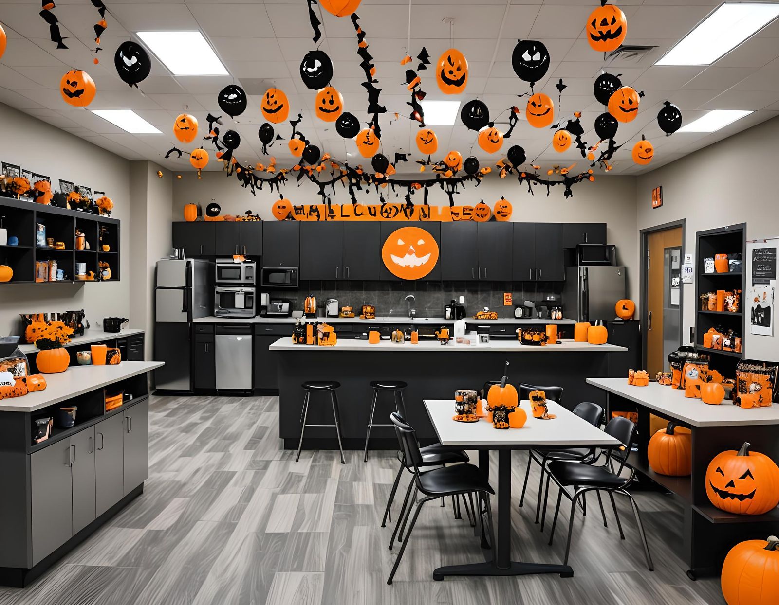Halloween Decorations in Modern Breakroom