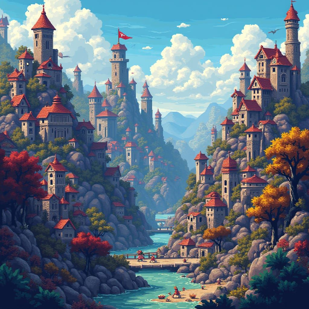 Vibrant Retro Fantasy Cityscape in Pixel Art