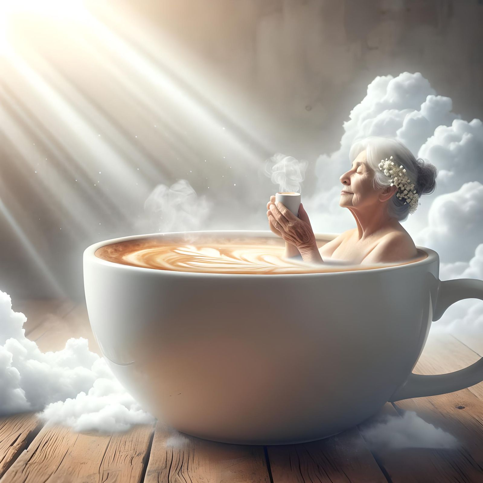 Elderly Woman's Blissful Latte Bath: Ethereal Serenity
