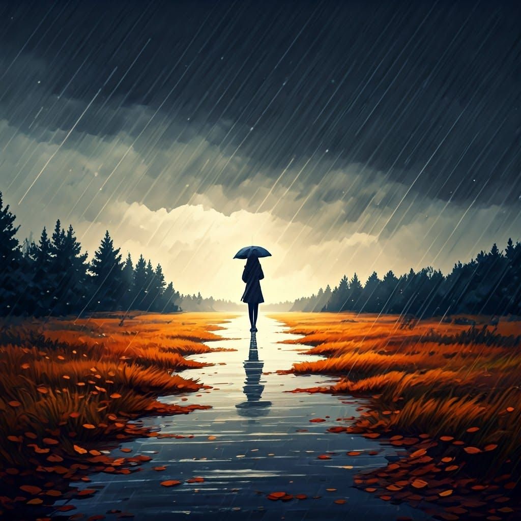 Autumnal Woman with Umbrella in Watercolor Landscape