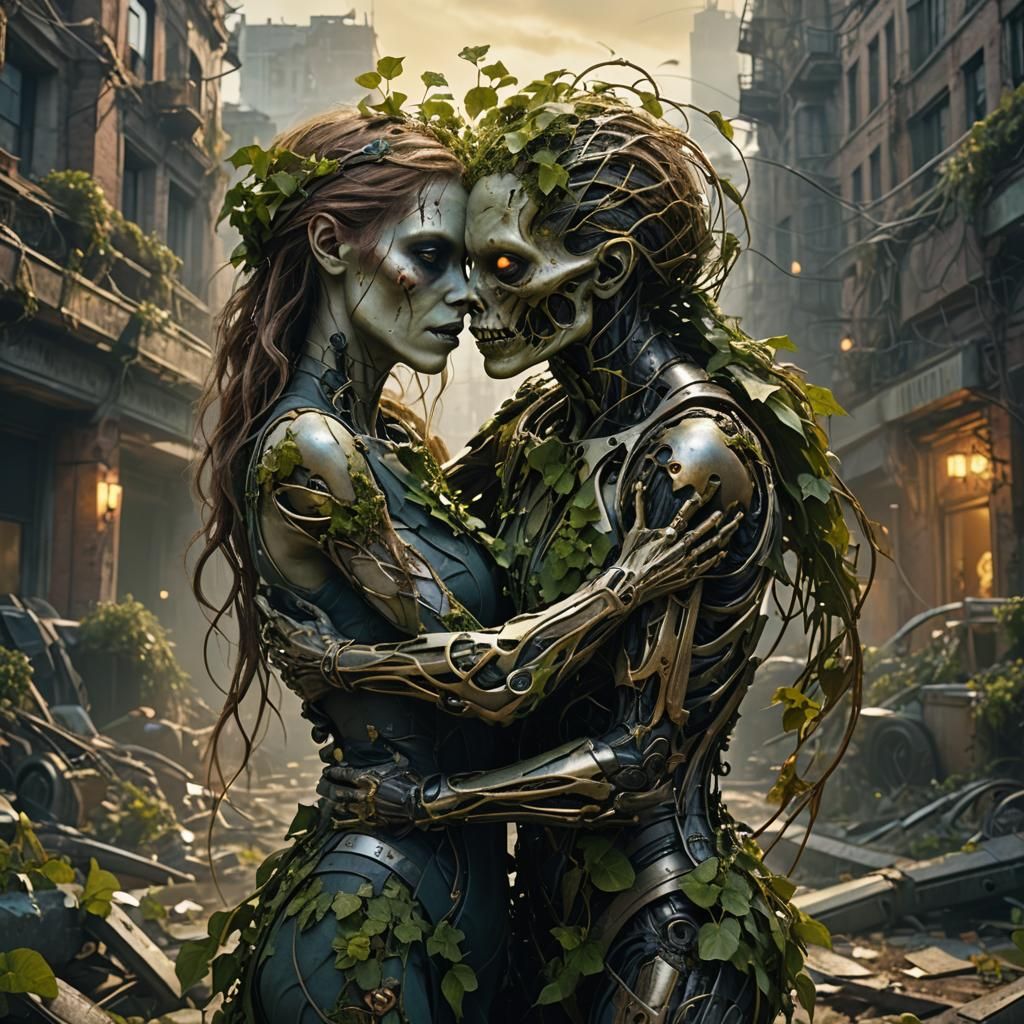 Cybernetic Zombie's Love in Decaying City, Digital Painting