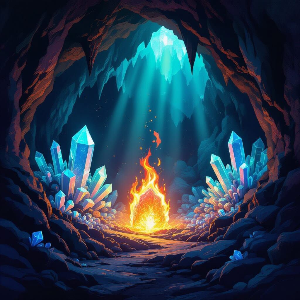 Glowing Cave Chamber With Cosmic Fungi and Crystal Artifact