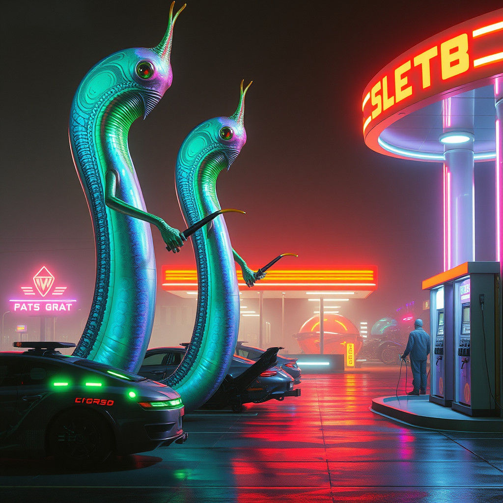 Futuristic Gas Station Attended by Iridescent Alien Slugs