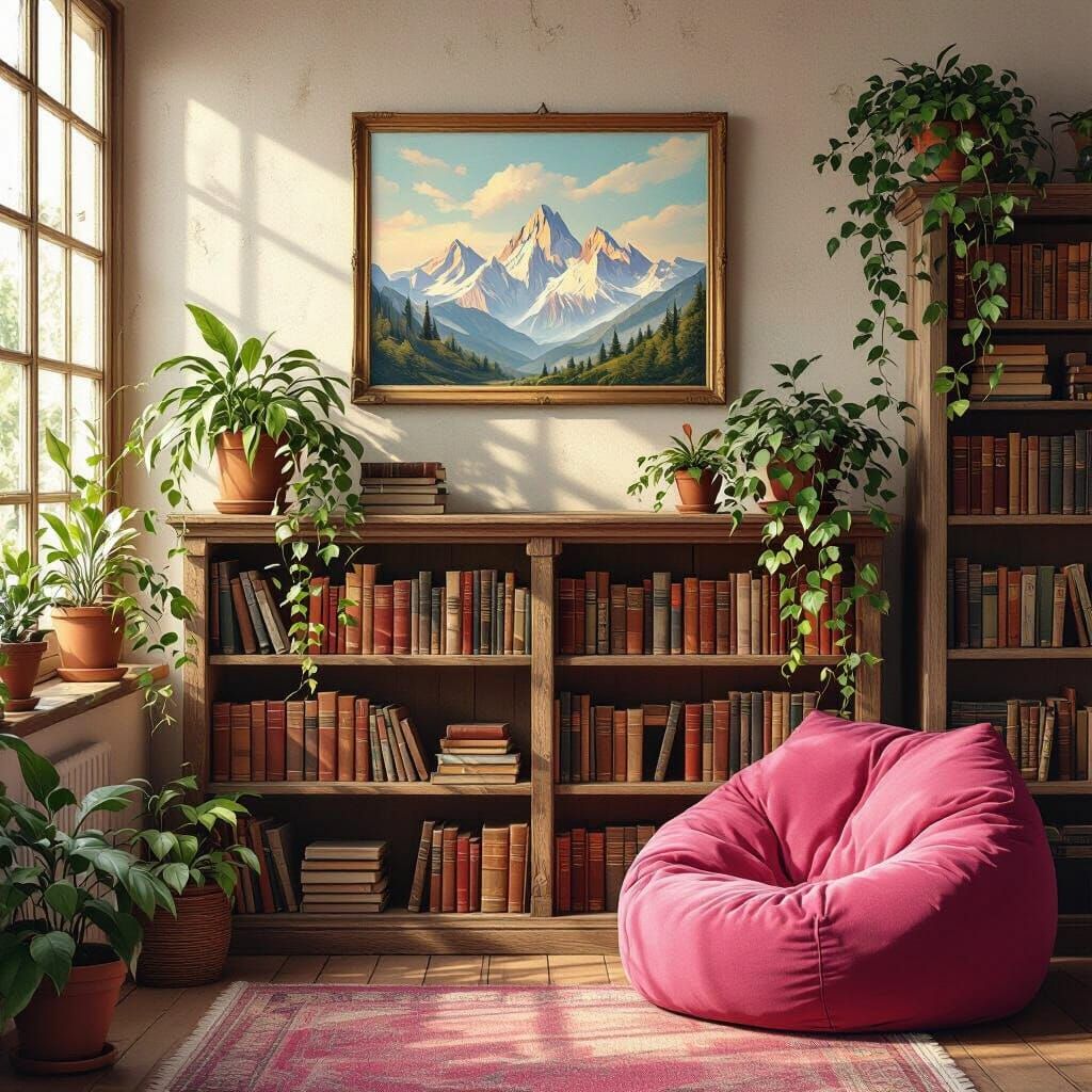Cozy Bookshelf Scene with Plants, Mountain Art, and Pink Bea...
