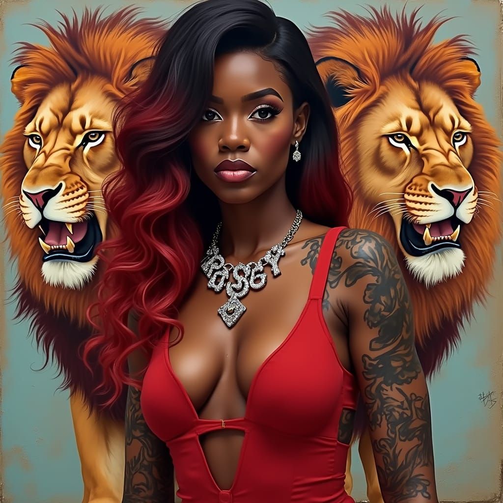 Confident African Woman in Bold Colors and Lion Tattoos