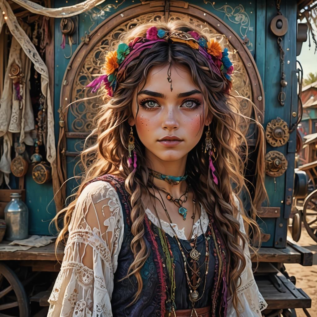 Whimsical Gypsy Girl in Digital Art Illustration