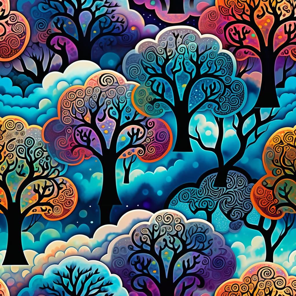 Cosmic Trees Floating in Clouds: Mixed Media Illustration