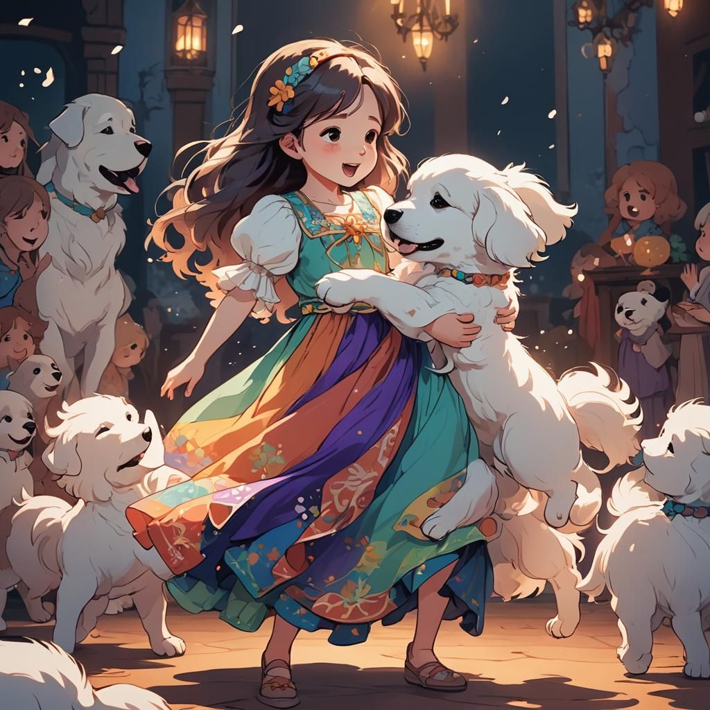 Girl Dancing with Puppy in Anime Style