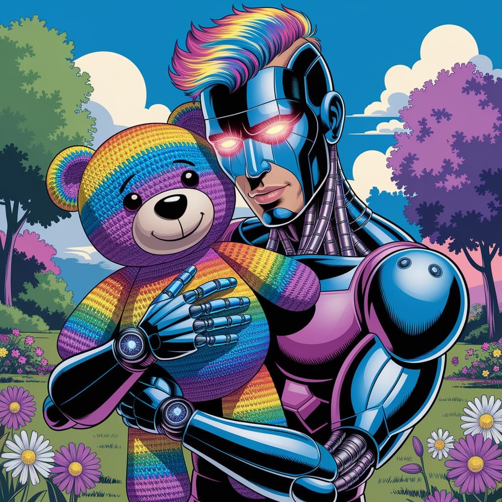 Cybernetic Man with Rainbow Teddy Bear