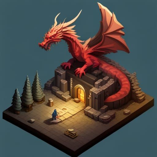 Isometric Pixel Art Red Dragon in Dark Fantasy Style