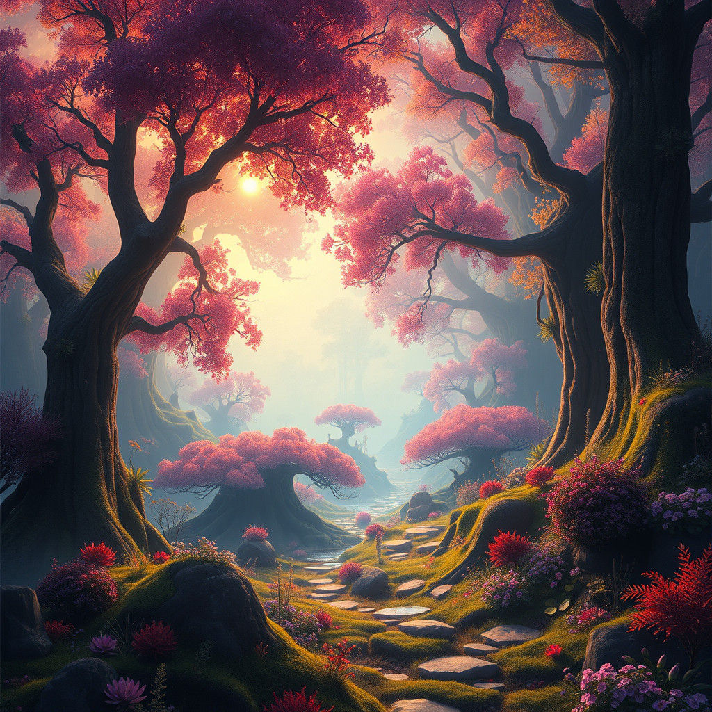 Mystical Pink Trees in Surreal Landscape