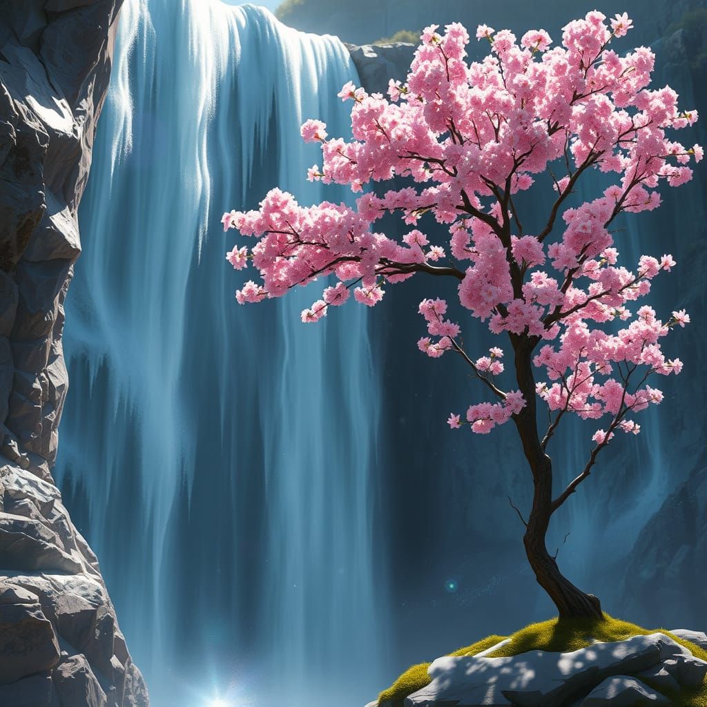Crystalline Waterfall with Cherry Blossoms, Ethereal Dreamsc...