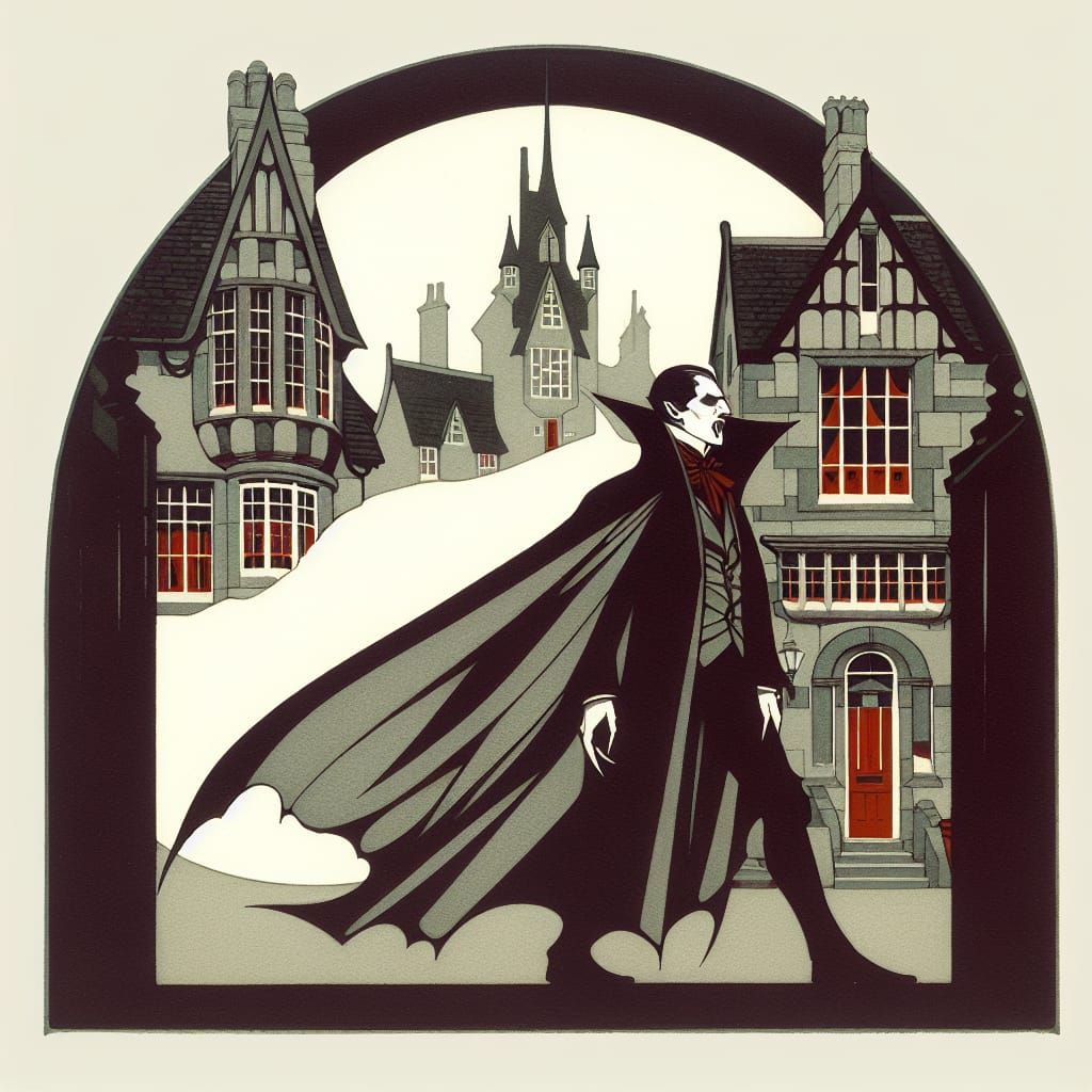 Vampire's Arrival in Dufftown: Arts and Crafts Watercolour